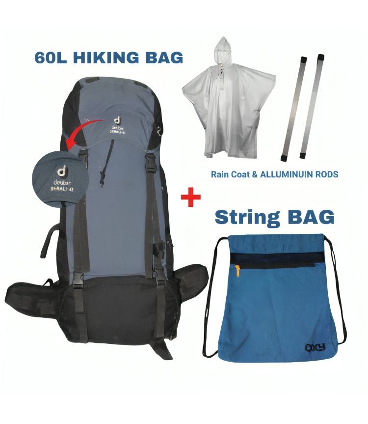 Mega Deal – 70L Hiking Bag(Aluminum Rods)  + String Bag + Rain Coat | Save 1000 with HikerMart