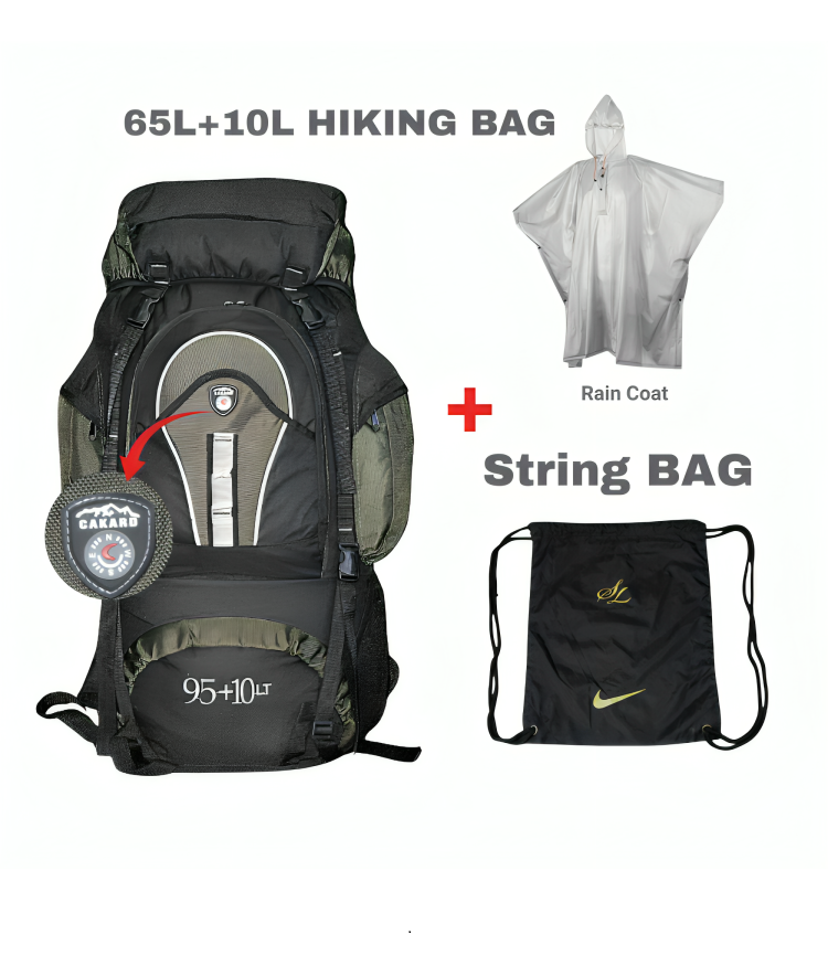 Mega Adventure Deal – 65L Hiking Bag + String Bag + Rain Coat | Save 700 with HikerMart