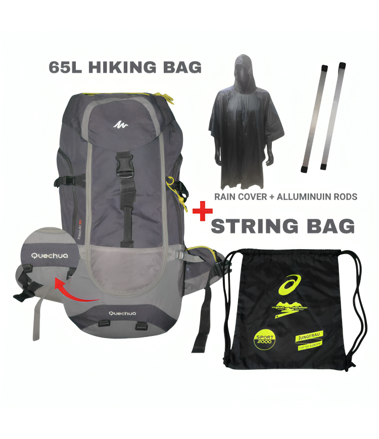 Mega Adventure Deal – 65L Hiking Bag(Aluminum Rods) + String Bag + Rain Coat | Save 1000 with HikerMart