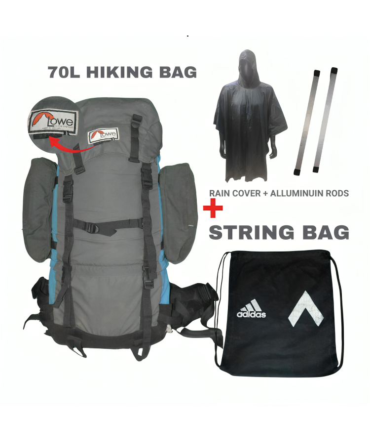 Mega Adventure Deal – 70L Hiking Bag(Aluminum Rods)  + String Bag + Rain Coat | Save 700 with HikerMart